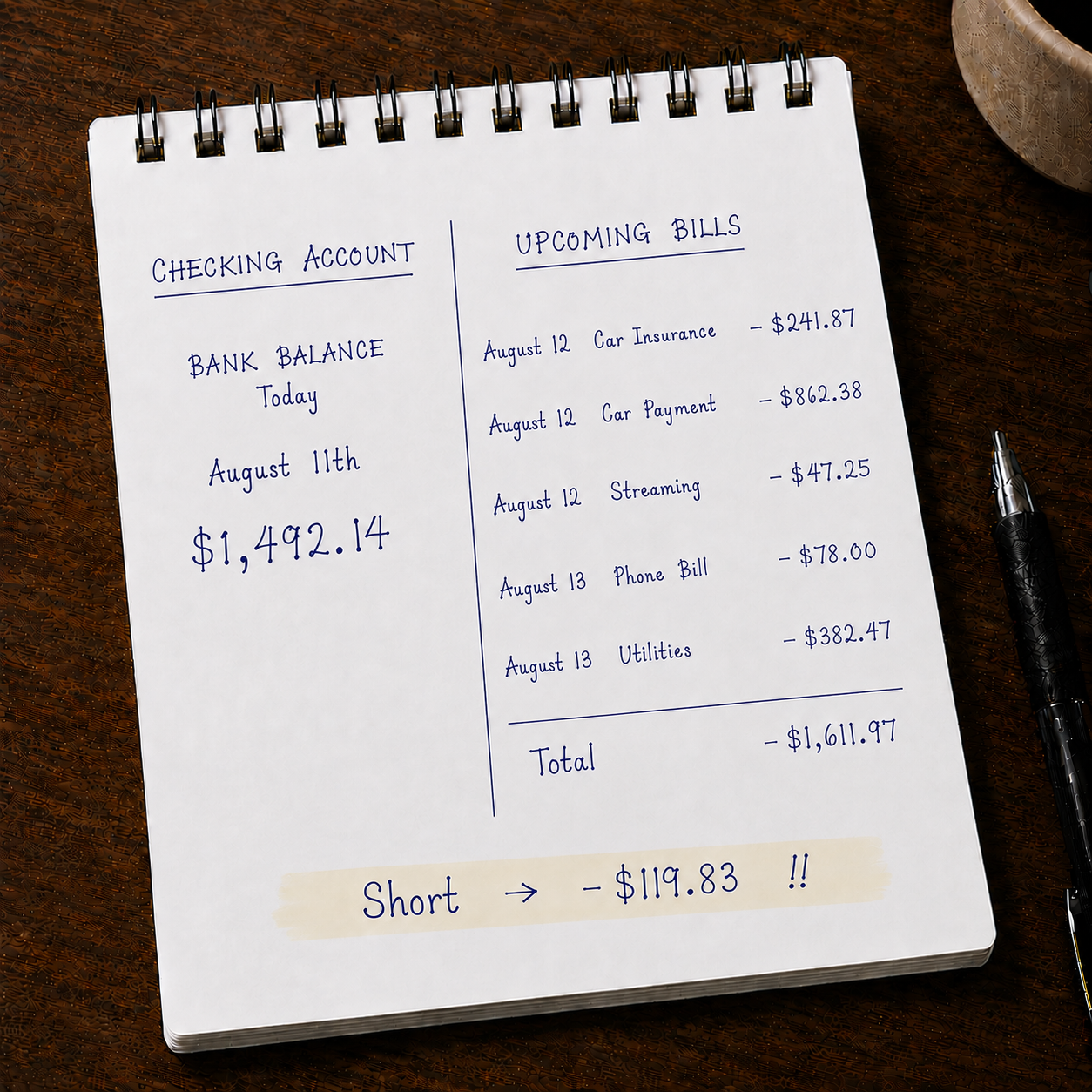 A notepad showing a bank balance versus upcoming bills